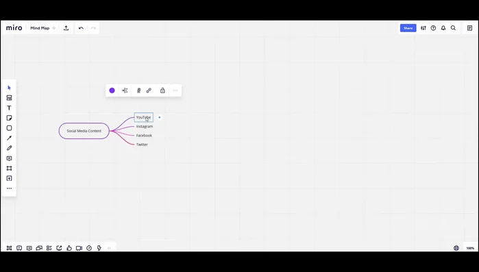 To expand on a first-level idea, click on it and press Tab to create second-level branches. Continue this process to build out your mind map.