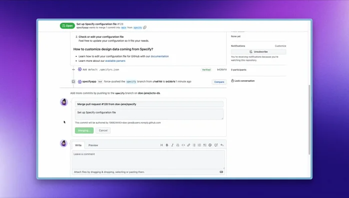 Specify detects changes in your Specify project and creates (or updates) a pull request with the transformed design data in your specified output folder.