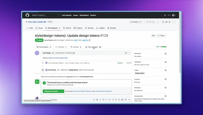 Specify detects changes in your Specify project and creates (or updates) a pull request with the transformed design data in your specified output folder.