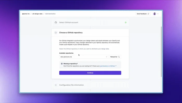 Select the target GitHub repository. By default, Specify outputs data as JSON.
