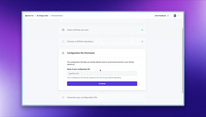 Specify creates a configuration file (e.g., `specify.config.json`) at the root of your GitHub repository. This file specifies the source design data location in Specify, the target branch for pull requests, and the transformation rules for your design tokens.