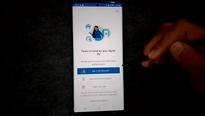 Sign in with your Microsoft account (optional, but recommended for cloud backup). Alternatively, skip sign-in to add accounts later via QR code.