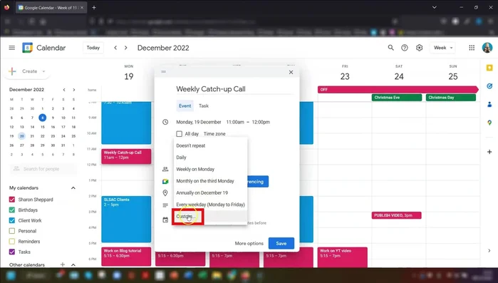 If using "Custom", specify your repeating schedule (days, frequency).