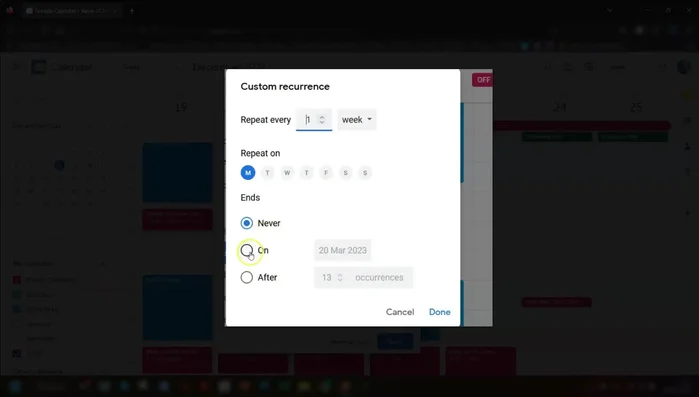 Specify when the recurring event should end (exact date or number of occurrences).
