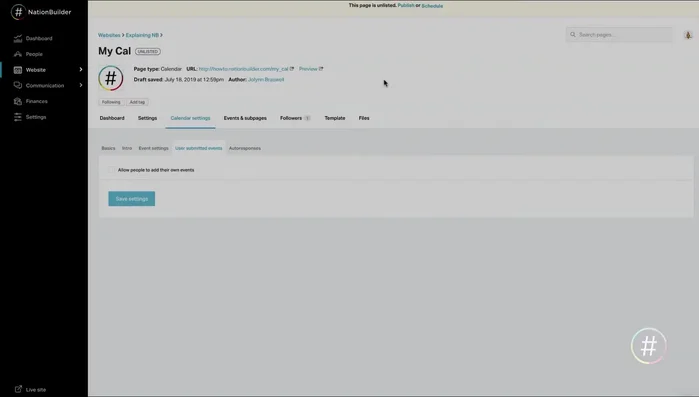Set up auto-responses for user-submitted events using liquid code under 'Calendar Settings Auto Responses'. Customize broadcast settings and email notifications (RSVPs and cancellations).