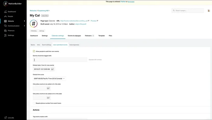 Set up auto-responses for user-submitted events using liquid code under 'Calendar Settings Auto Responses'. Customize broadcast settings and email notifications (RSVPs and cancellations).