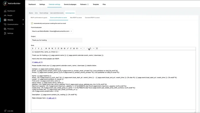Set up auto-responses for user-submitted events using liquid code under 'Calendar Settings Auto Responses'. Customize broadcast settings and email notifications (RSVPs and cancellations).