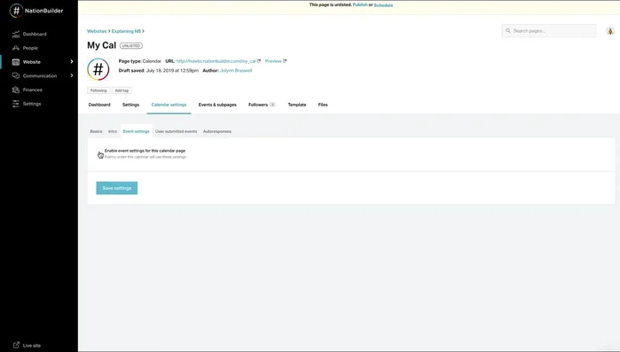 Enable event settings at the calendar level under 'Calendar Settings Event Settings'. Assign a point person for membership assignment and tag additions for RSVP'd/attended individuals.