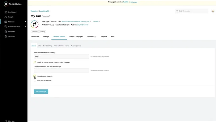 Configure event sorting (by date or distance from the site visitor) and map display under 'Calendar Settings Basics'.