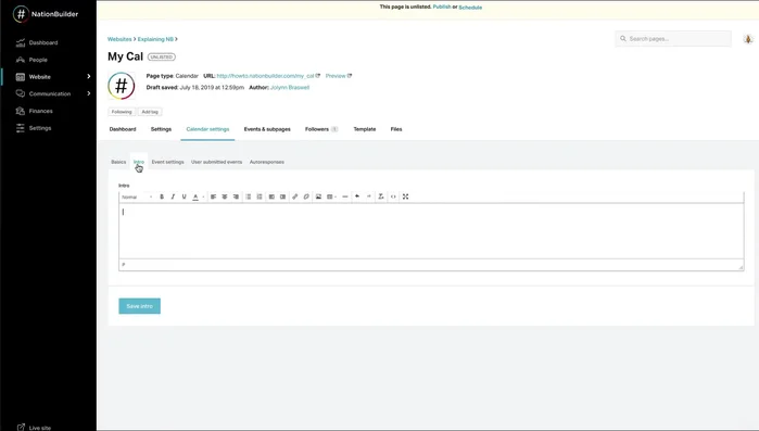 Add a calendar introduction under 'Calendar Intro' using the content editor. Include images, videos, or other content as needed.