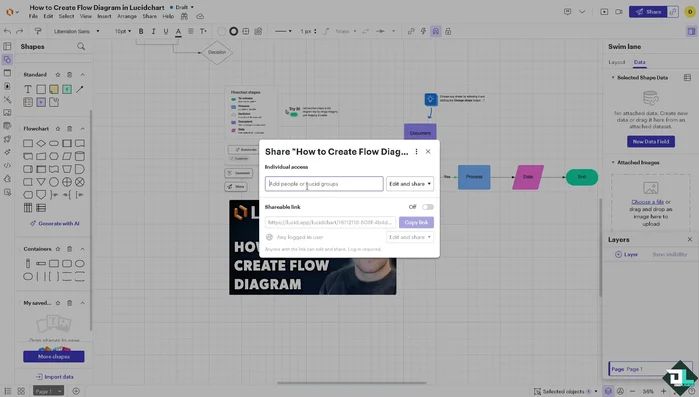 Share your flowchart by creating a shareable link with adjustable access levels (edit, comment, view).