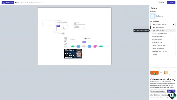 Print your flowchart by selecting paper size and clicking 'Print'.