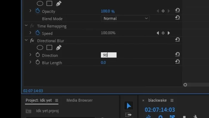 Create keyframes at the start, middle, and end of the adjustment layer for the blur length. Set the start and end to 0, and the middle to around 150.
