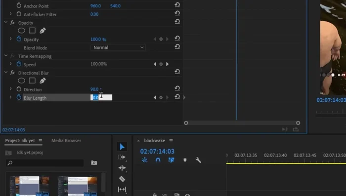 Create keyframes at the start, middle, and end of the adjustment layer for the blur length. Set the start and end to 0, and the middle to around 150.