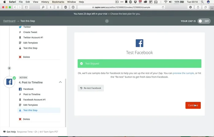 Test the Facebook action (optional).