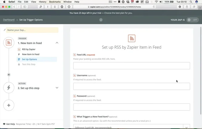 Test the trigger to ensure the RSS feed is connected correctly.