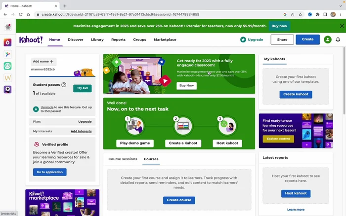 Choose to create a Kahoot from scratch (not using a template). Click on 'Create Kahoot' in the top-right corner.