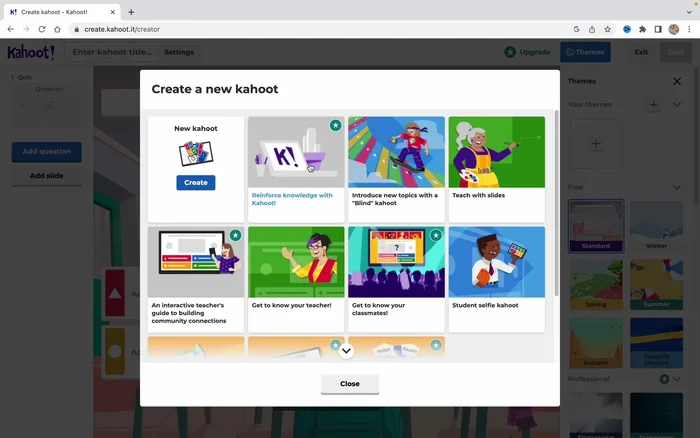 Choose to create a Kahoot from scratch (not using a template). Click on 'Create Kahoot' in the top-right corner.