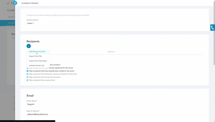 For larger lists, import from a CSV file (download a template) or import from a past event or existing contact list.
