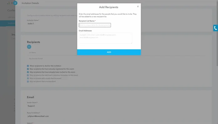 For larger lists, import from a CSV file (download a template) or import from a past event or existing contact list.