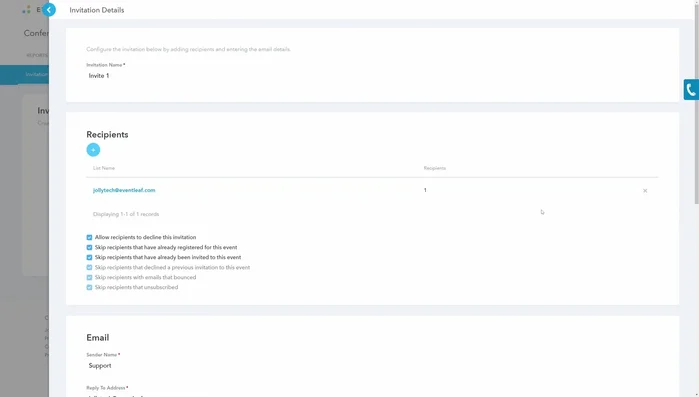 Configure recipient settings: Choose whether to allow declines, skip those already registered/invited/declined/unsubscribed, and handle bounced emails.