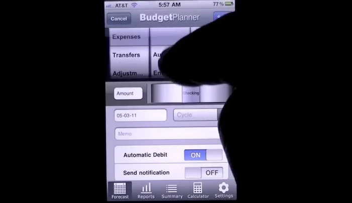 Add income or expenses quickly and easily. Specify details like category (e.g., gas), amount, recurrence (weekly, etc.), and optional automatic debit and notifications.